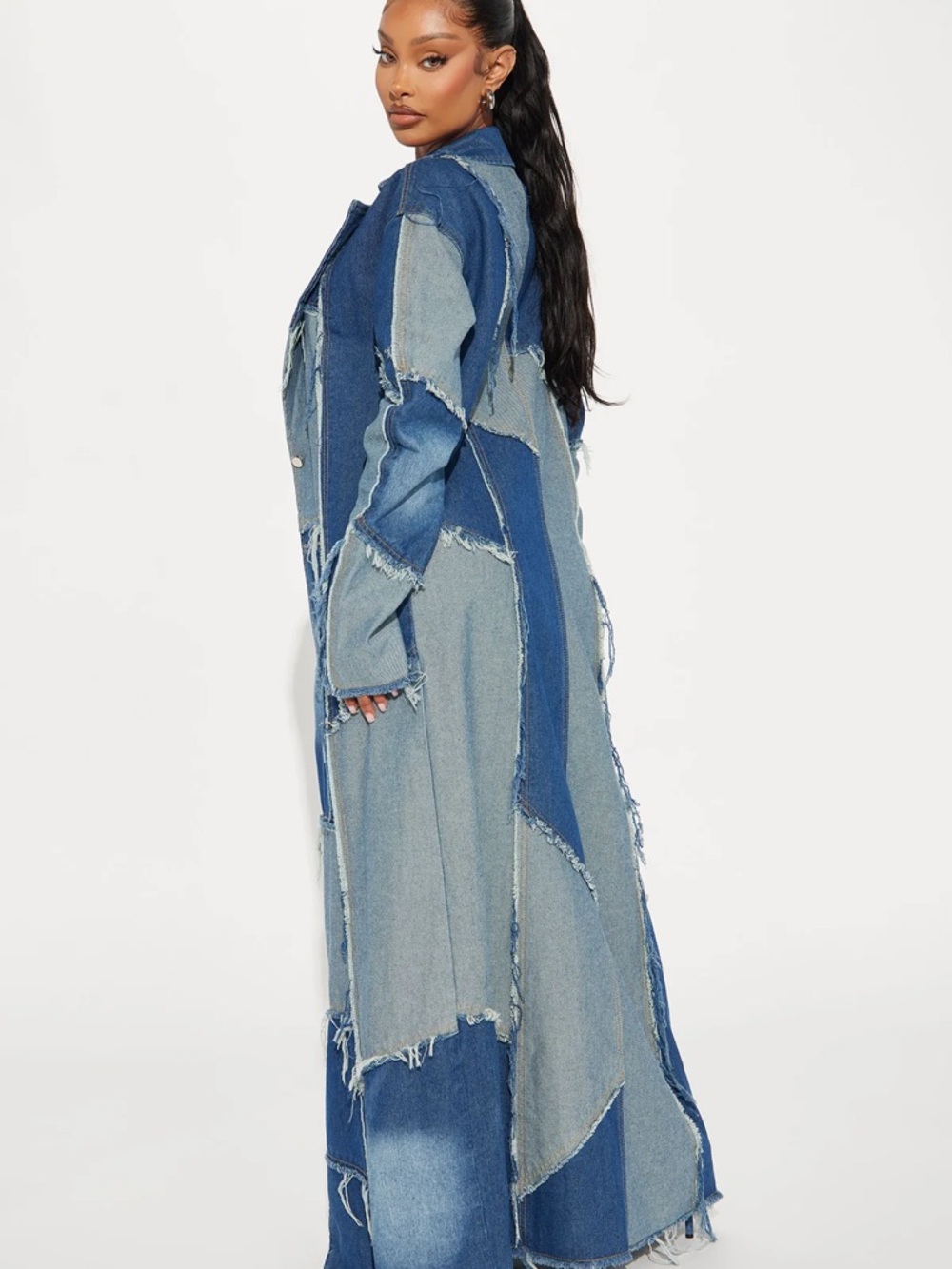 Fashion Nova Patchwork Denim Trench Coat in Blue - Picture 3 of 3